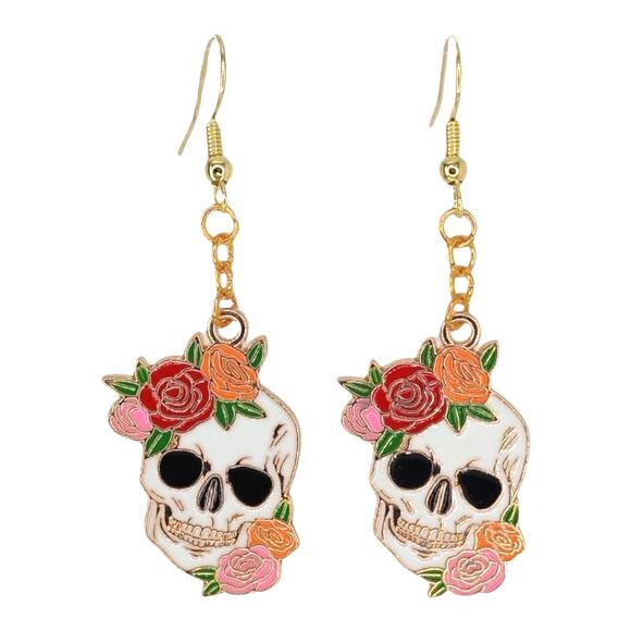 Skull & Roses Dangle Earrings | Gothic Witchy Halloween Jewelry - Picture 1 of 4
